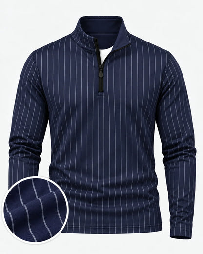 Performance-Golfpullover in Marineblau mit Nadelstreifen und Viertelreißverschluss