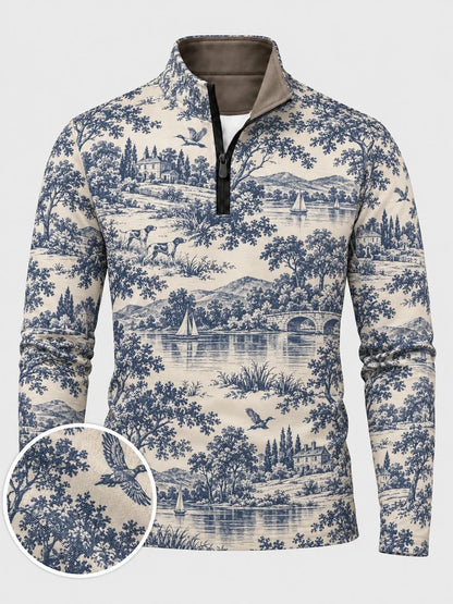 Blau-cremefarbener Golfpullover im Country-Stil mit Viertelreißverschluss