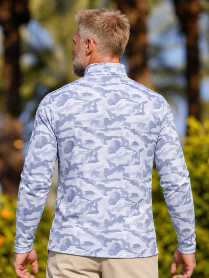 Eisblauer Golf-Pullover mit Schneetarnmuster und Viertelreißverschluss
