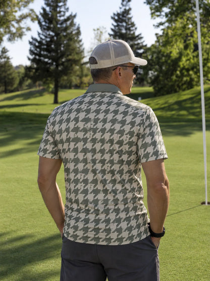 Salbeigrünes Hahnentritt-Performance-Golfpoloshirt