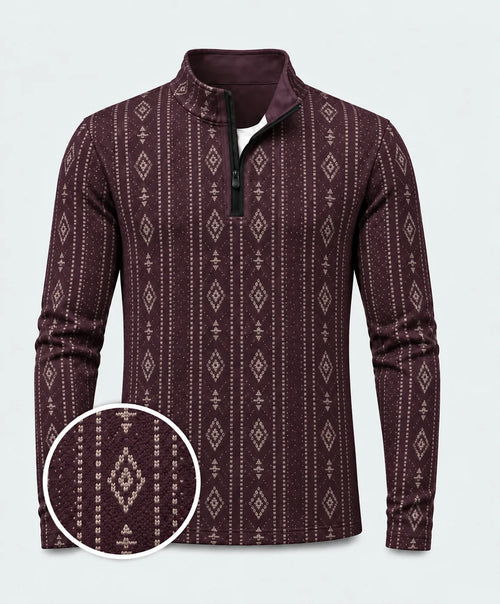 Dunkelpflaumenfarbener Heritage-Pullover mit Muster und kurzem Reißverschluss