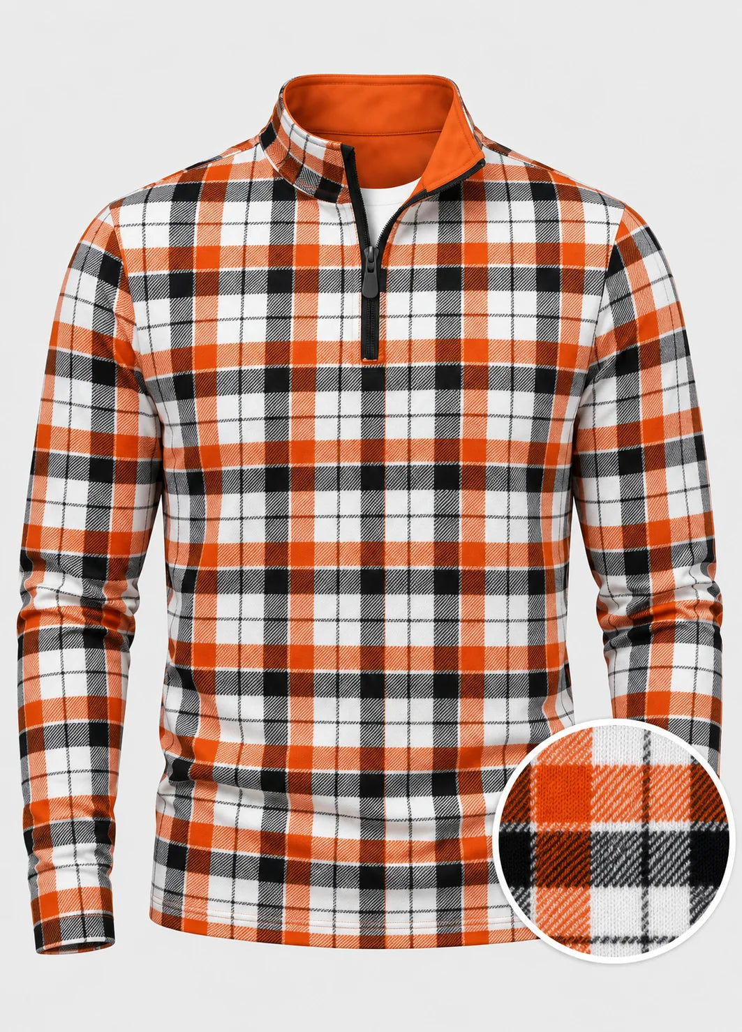 Herbstorangefarbener Performance-Quarter-Zip-Pullover mit Karomuster