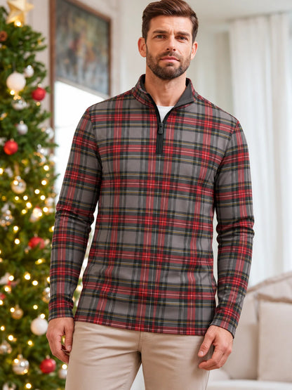 Golfpullover mit rot-grauem Weihnachtstartan und Viertelreißverschluss