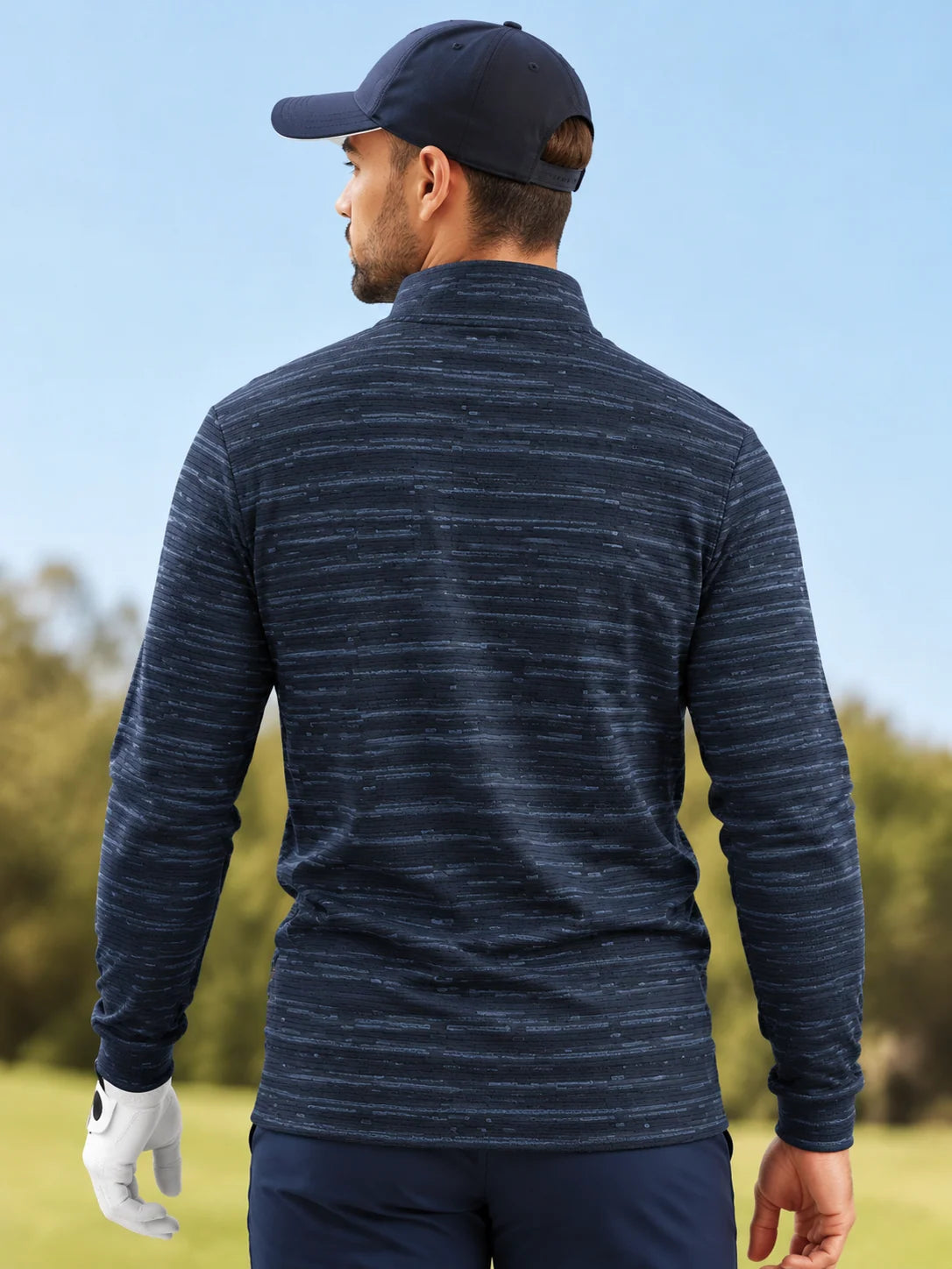 Golf-Pullover mit Viertelreißverschluss und strukturiertem Streifenmuster in Marineblau