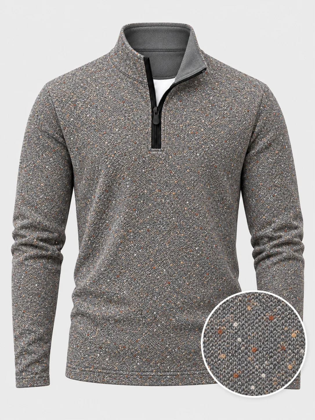 Golf-Pullover mit Viertelreißverschluss und Donegal-Tweed-Muster in meliertem Grau