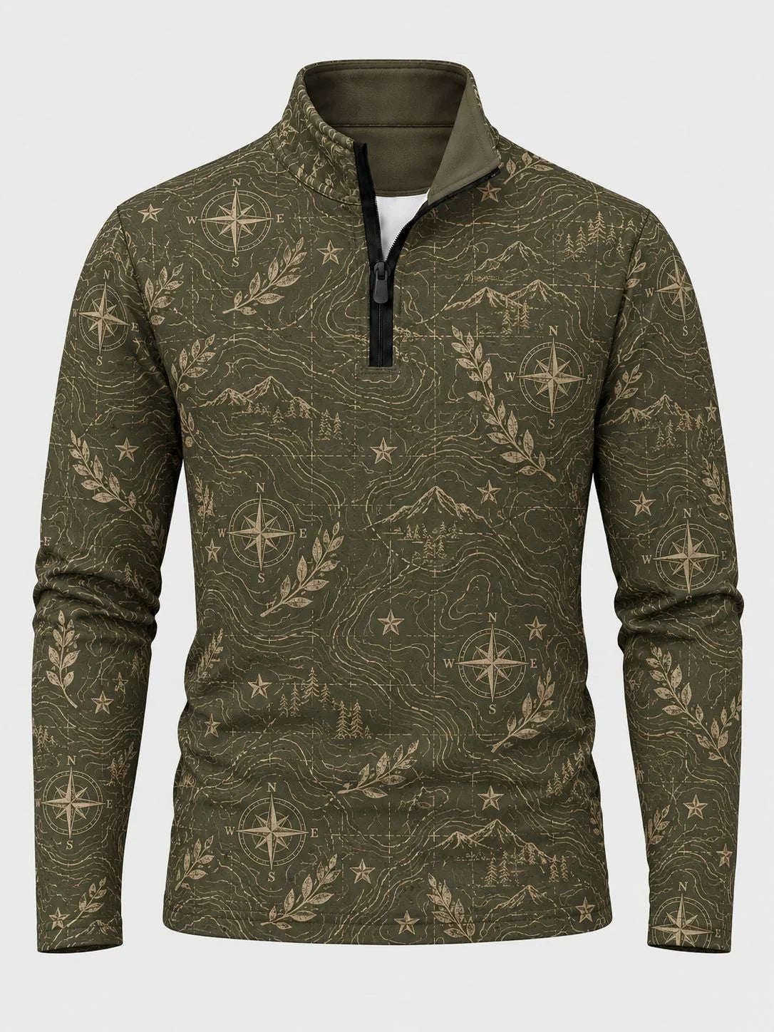 Golf-Pullover aus Funktionsmaterial in Olivgrün mit Vintage-Kompass- und Kartenmotiv sowie Viertelreißverschluss