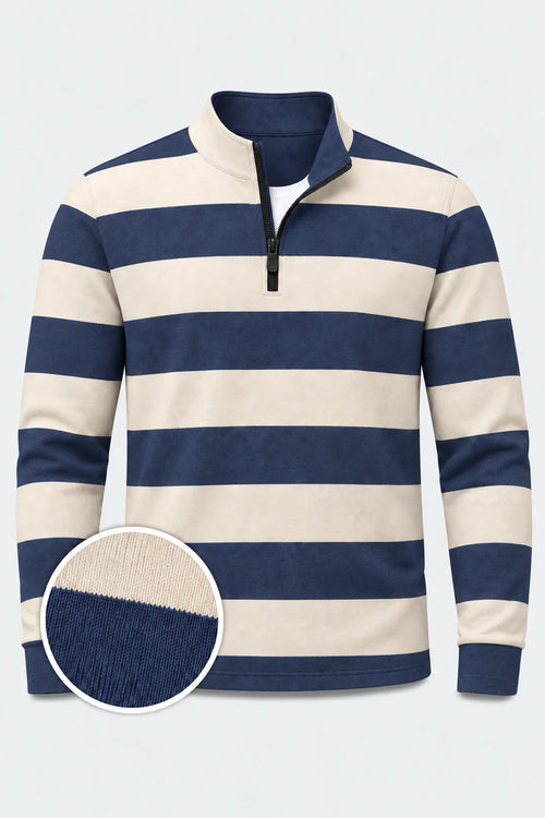 Marineblauer Golf-Pullover mit elfenbeinfarbenen Rugby-Streifen und Viertelreißverschluss aus Funktionsmaterial