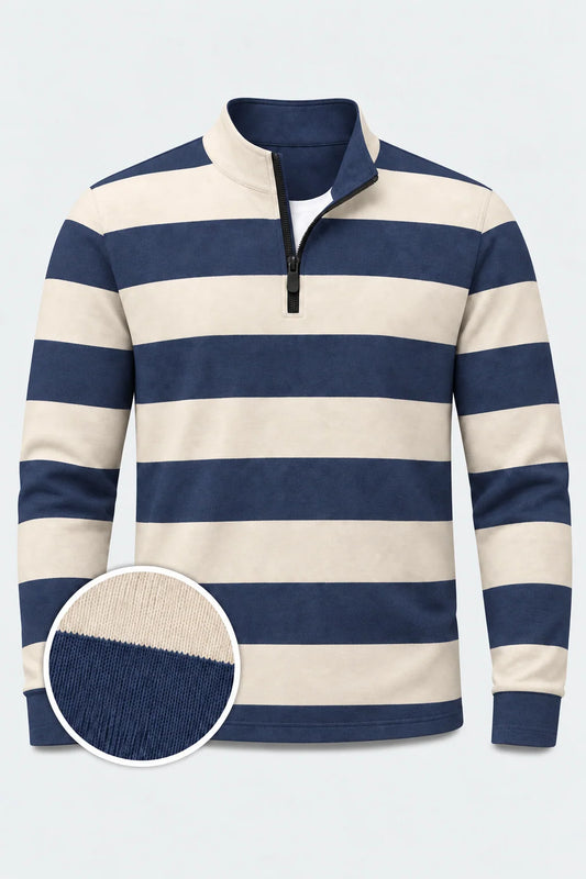 Marineblauer Golf-Pullover mit elfenbeinfarbenen Rugby-Streifen und Viertelreißverschluss aus Funktionsmaterial