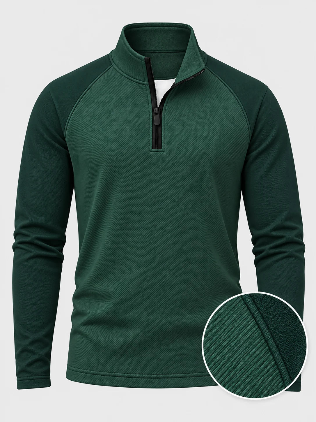 Golf-Pullover aus Funktionsmaterial in Waldgrün mit diagonaler Rippstruktur und Viertelreißverschluss