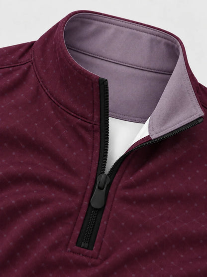 Golfpullover mit Mikro-Punktmuster in dunklem Pflaumenlila, Funktionsmaterial und Viertelreißverschluss
