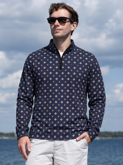 Marineblauer Performance-Pullover mit Viertelreißverschluss und feinem Blumenmuster