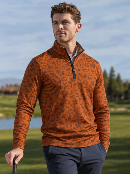 Rostoranger Golfpullover mit Herbstprint, Funktionsmaterial und Viertelreißverschluss