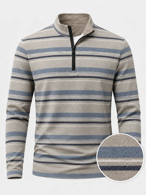 Sandfarbener Performance-Quarter-Zip-Pullover mit blauen Streifen