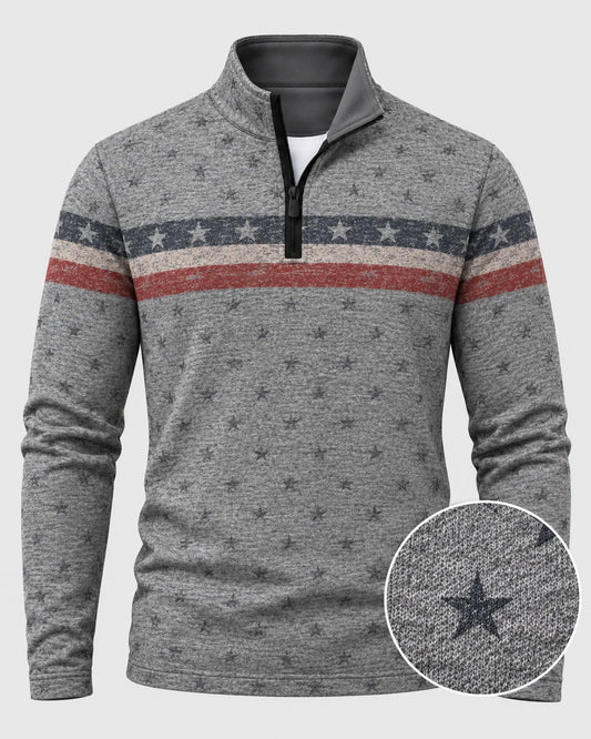 Grauer Golfpullover für Herren mit Sternen- und Streifenmuster und Viertelreißverschluss