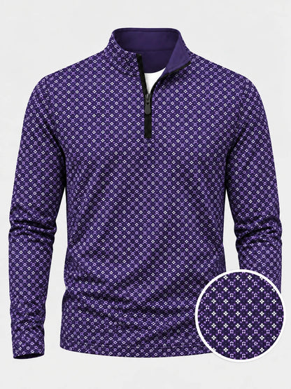 Dunkellila Golf-Pullover mit floralem Mini-Muster und Viertelreißverschluss aus Funktionsmaterial