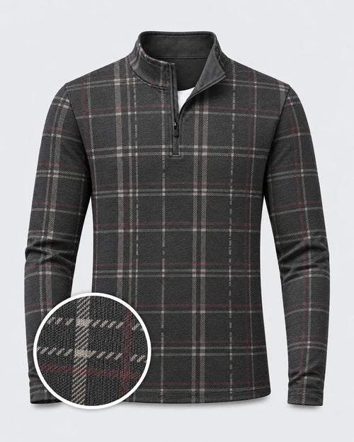 Anthrazitfarbener Heritage-Pullover mit Karomuster und kurzem Reißverschluss