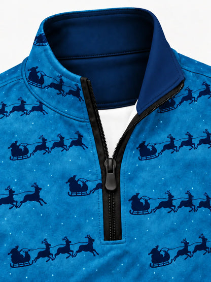 Golfpullover in Blau mit weihnachtlichem Schlittenmotiv und Viertelreißverschluss