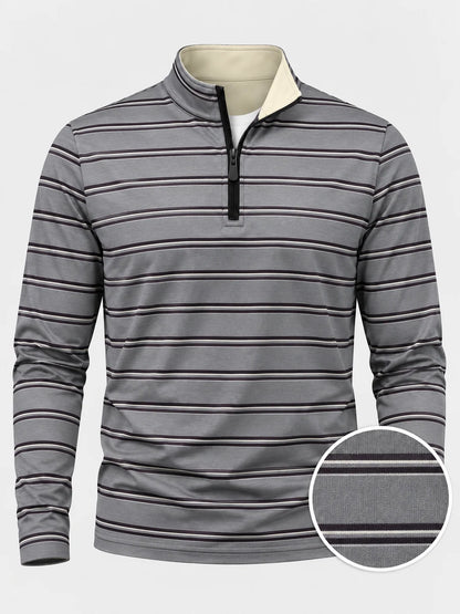 Melierter grauer Golf-Pullover mit feinen Streifen und Viertelreißverschluss aus Funktionsmaterial