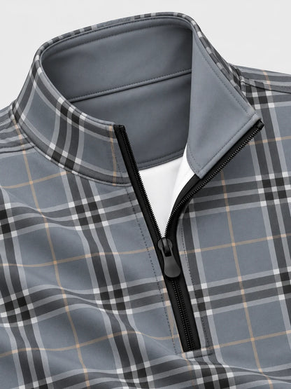 Golf-Pullover in Zinngrau mit Karomuster und kurzem Reißverschluss