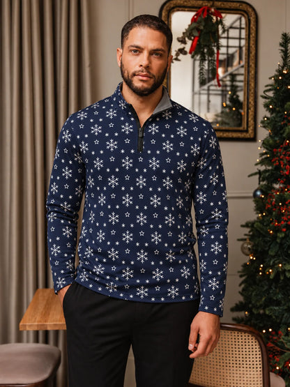 Golfpullover in Marineblau mit weihnachtlichem Schneeflockenmuster und Viertelreißverschluss