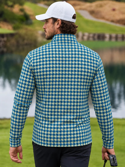 Golf-Pullover mit Viertelreißverschluss und Hahnentrittmuster in Blau