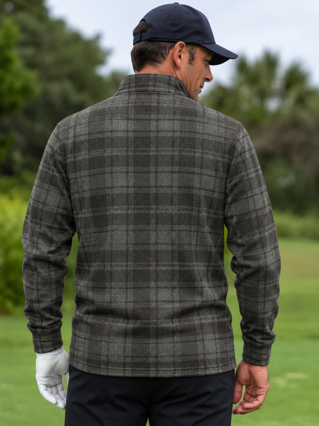 Golf-Pullover mit Viertelreißverschluss und Karomuster in Anthrazit und Olivgrün