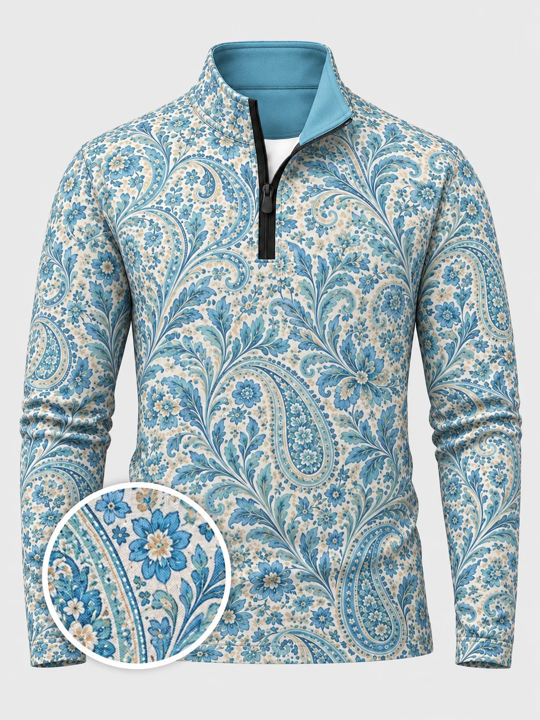 Golfpullover in Himmelblau mit floralem Paisley-Muster, Funktionsmaterial und Viertelreißverschluss