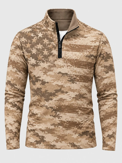 Golf-Pullover mit Viertelreißverschluss und langen Ärmeln in Khaki mit Used-Look-Print der amerikanischen Flagge