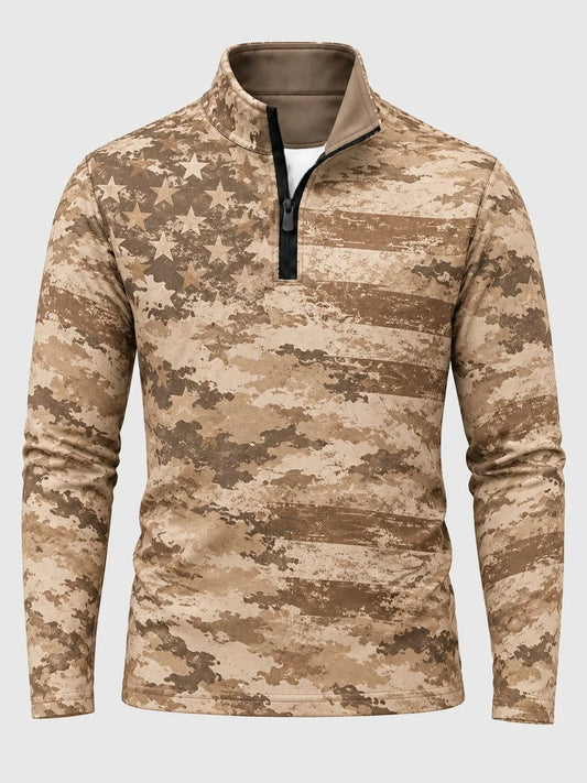 Golf-Pullover mit Viertelreißverschluss und langen Ärmeln in Khaki mit Used-Look-Print der amerikanischen Flagge
