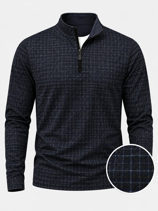 Marineblauer Karo-Performance-Golfpullover mit kurzem Reißverschluss