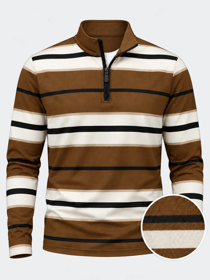 Golf-Pullover mit breiten Streifen in Espressobraun, Elfenbein und Schwarz und Viertelreißverschluss aus Funktionsmaterial