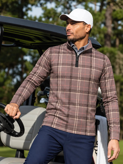 Golf-Pullover in Mauve mit Karomuster und kurzem Reißverschluss