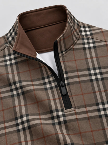 Golf-Pullover mit Karomuster in Taupe, Anthrazit und Rostbraun und Viertelreißverschluss
