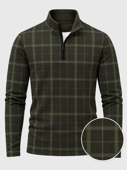 Golf-Pullover aus Funktionsmaterial in dunklem Olivgrün mit klassischem Heritage-Karomuster und Viertelreißverschluss