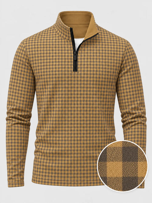 Golf-Pullover aus Funktionsmaterial in Goldsenf mit Vichy-Karomuster und Viertelreißverschluss