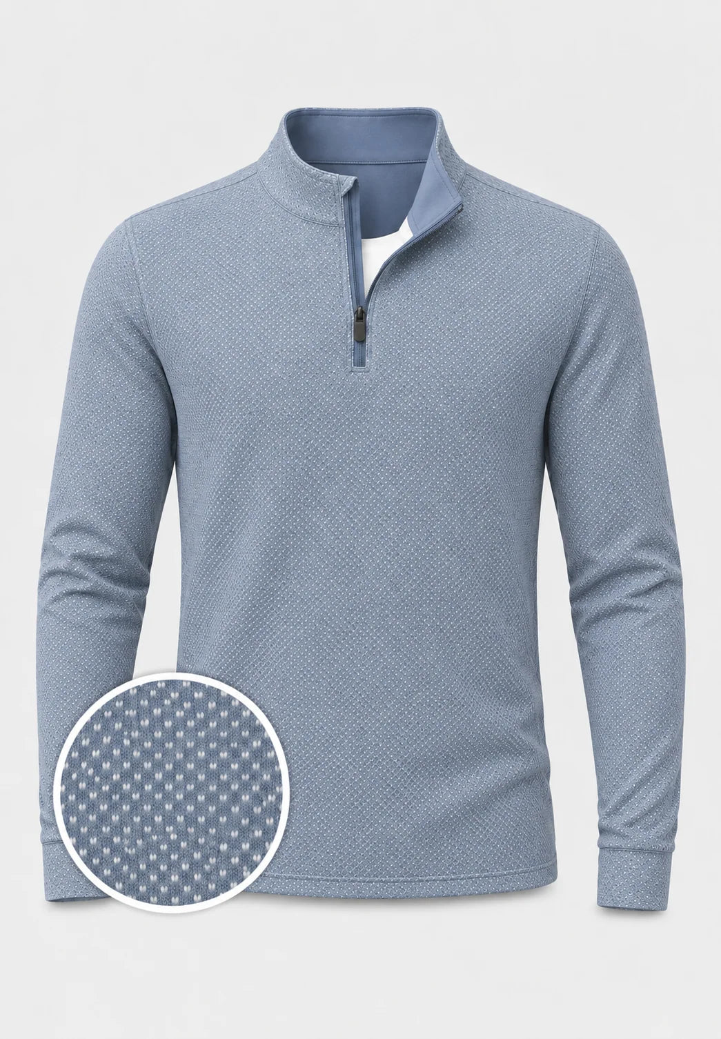 Blauer Golf-Pullover mit kurzem Reißverschluss und Mikro-Punktmuster