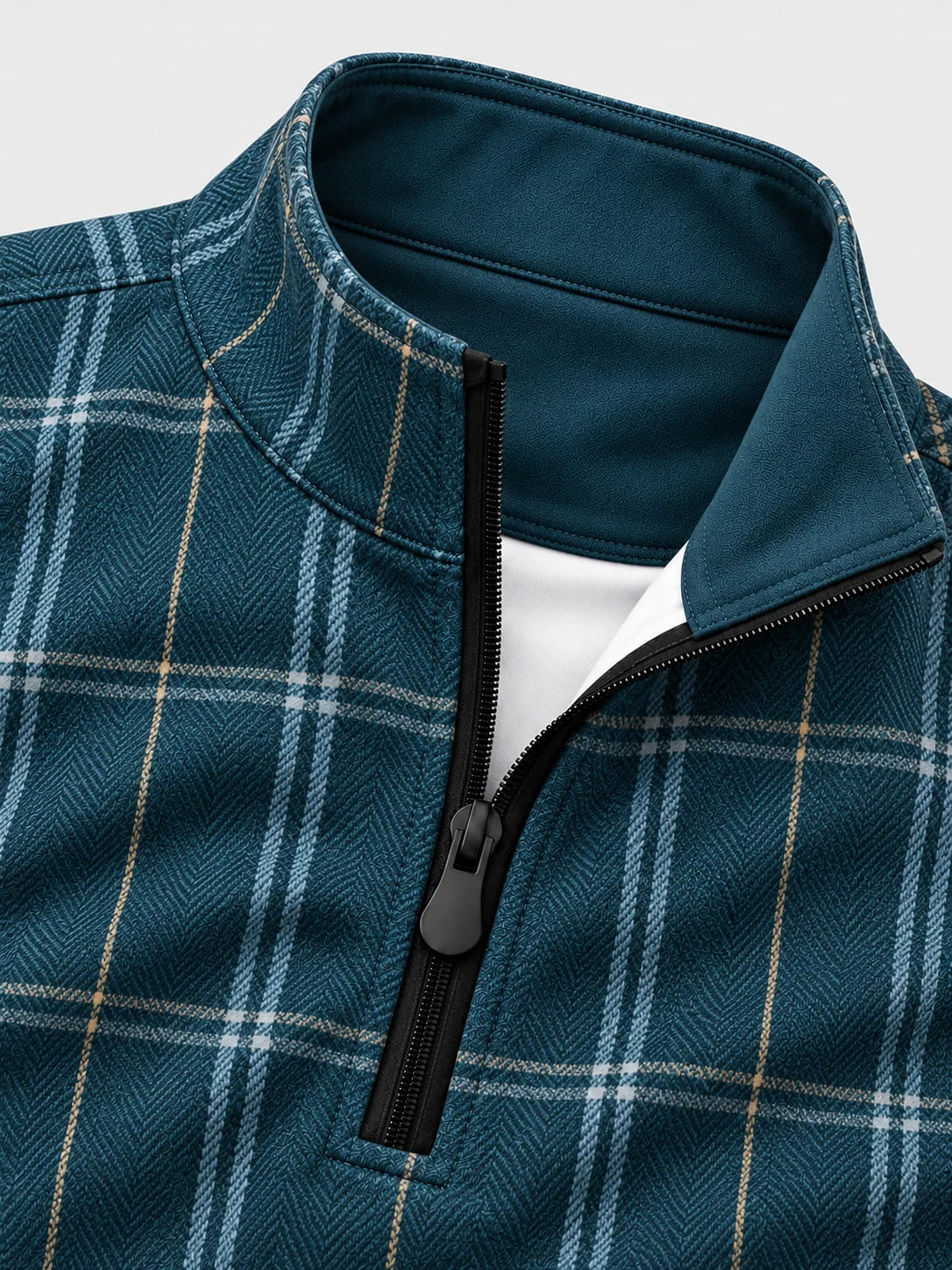 Golf-Pullover mit Viertelreißverschluss und Fischgrätmuster in tiefem Petrolgrün