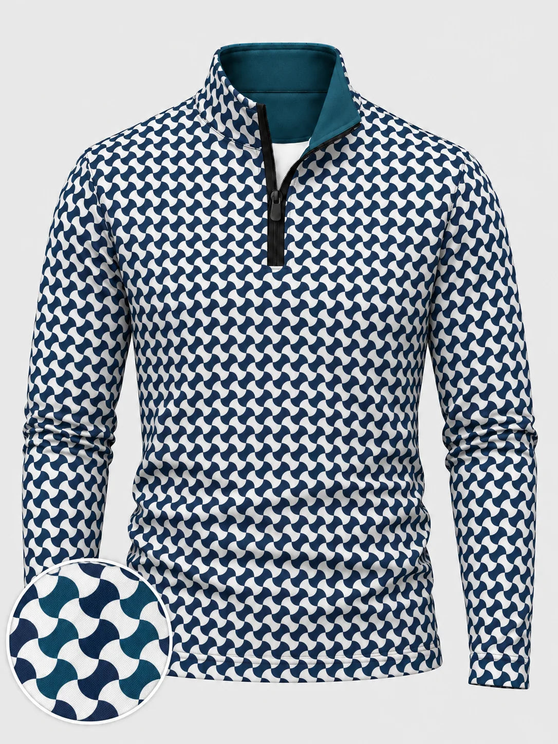Blauer Performance-Pullover mit Wellenmuster und kurzem Reißverschluss