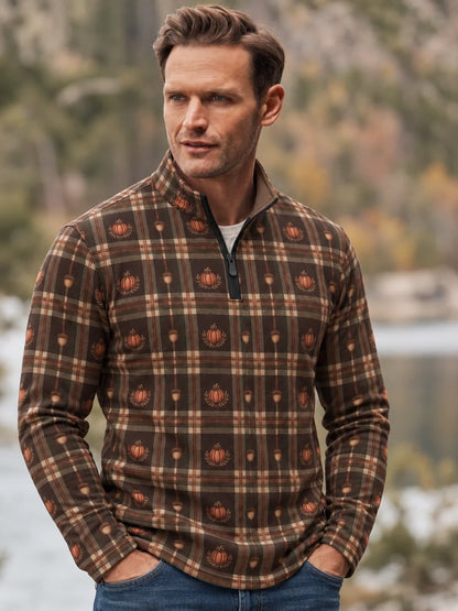 Golfpullover mit Thanksgiving-Kürbis-, Eichel- und Karomuster, Funktionsmaterial und Viertelreißverschluss