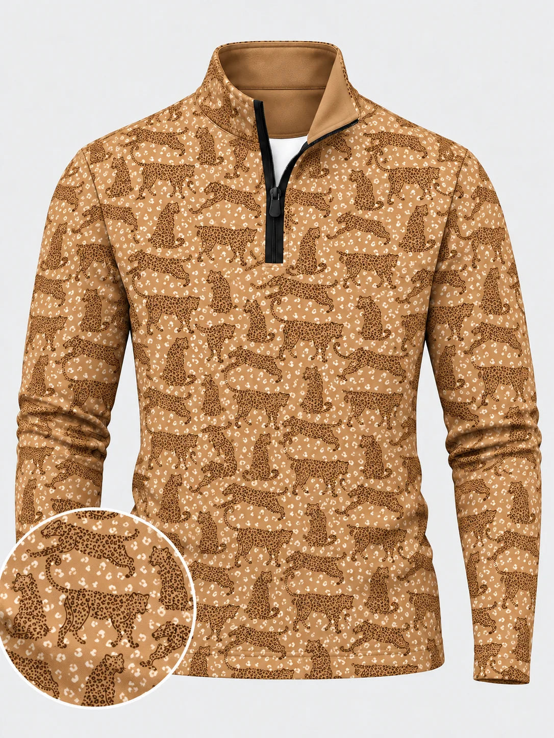 Performance-Pullover in Camel mit Leopardenmuster und Viertelreißverschluss