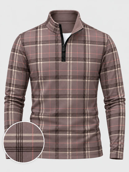 Golf-Pullover in Mauve mit Karomuster und kurzem Reißverschluss