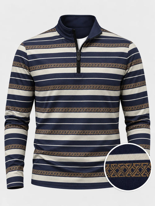 Marineblauer Golf-Pullover mit elfenbeinfarbenem und goldenem Streifenmuster und Viertelreißverschluss aus Funktionsmaterial