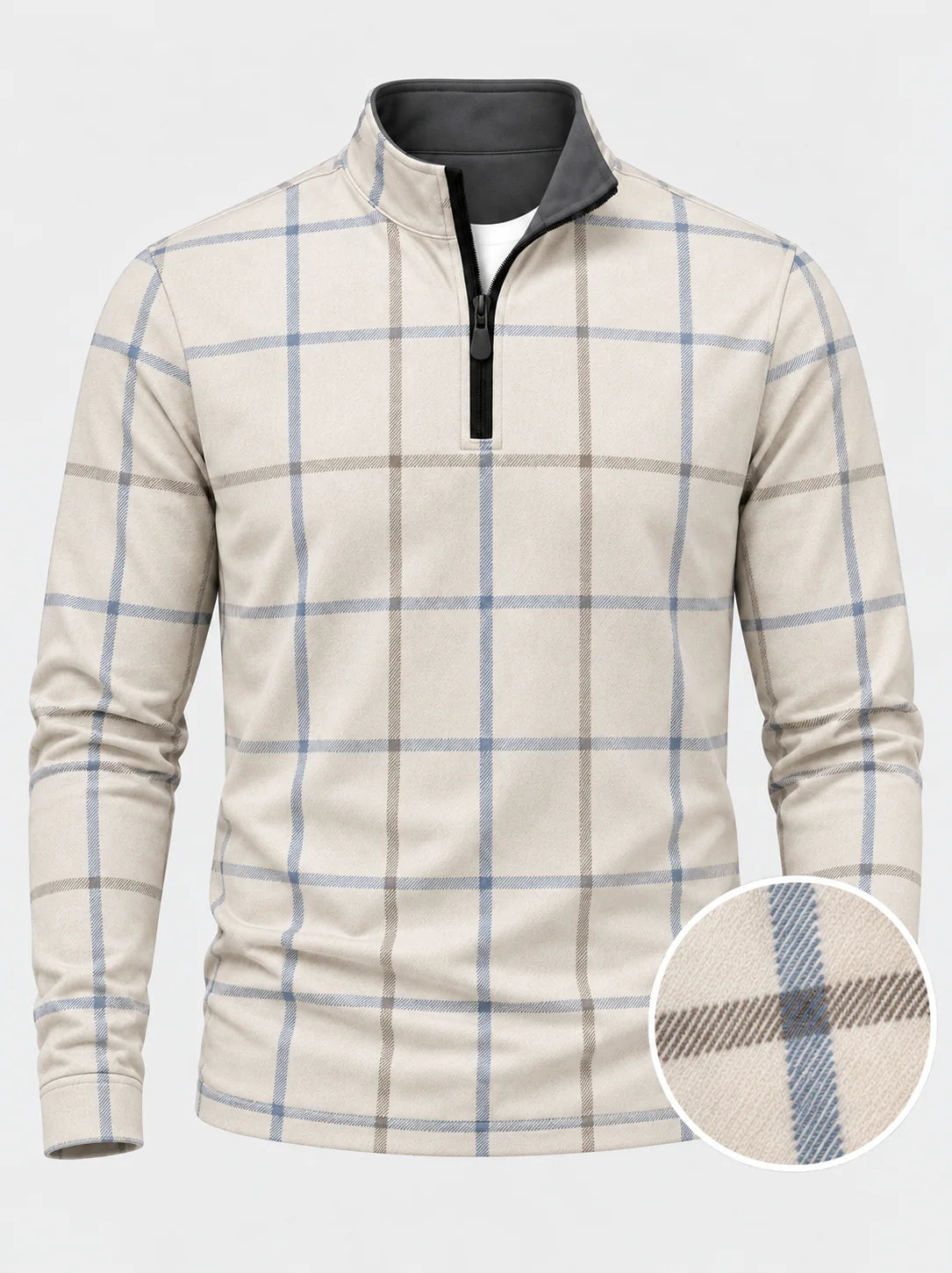 Cremefarbener Golfpullover aus Funktionsmaterial mit blauem Karomuster und kurzem Reißverschluss