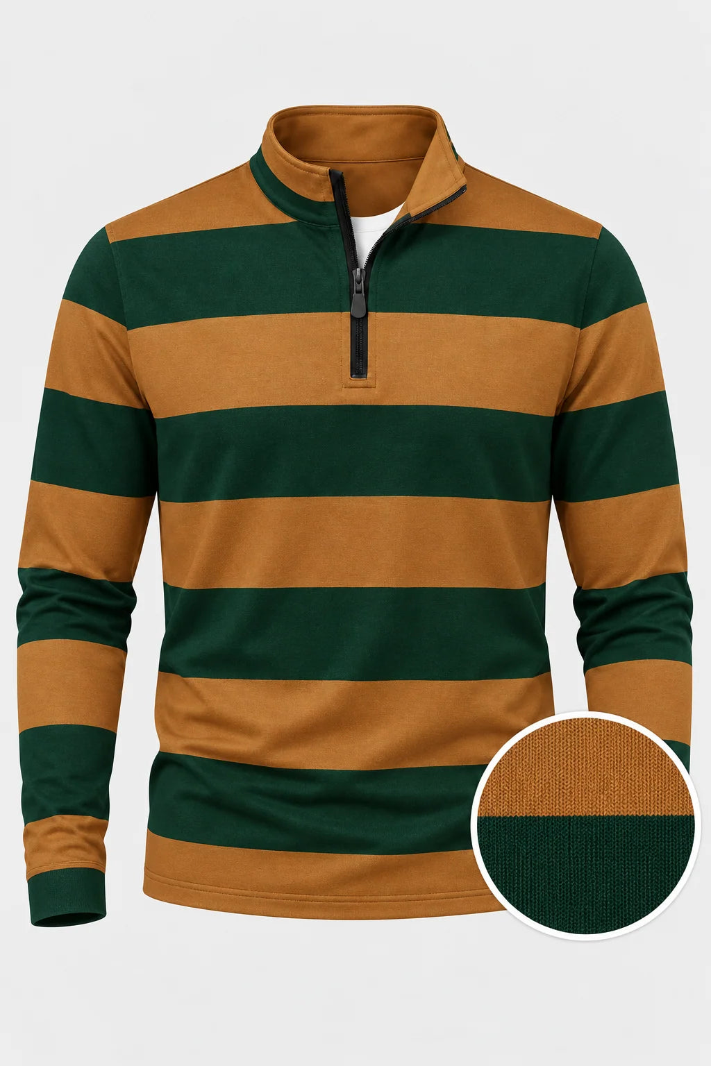 Golf-Pullover mit Rugby-Streifen in Kieferngrün und Senfgelb und Viertelreißverschluss aus Funktionsmaterial
