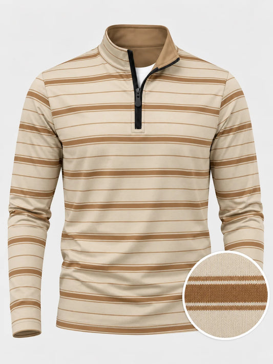 Golf-Pullover in Elfenbein mit kamelfarbenen Nadelstreifen und Viertelreißverschluss aus Funktionsmaterial