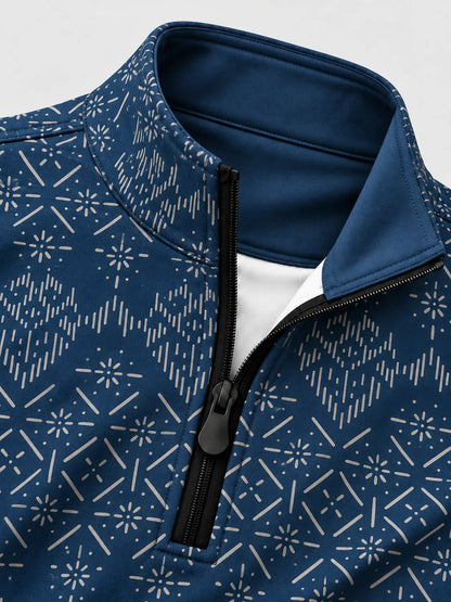 Dunkelblauer Performance-Pullover mit geometrischem Muster und kurzem Reißverschluss