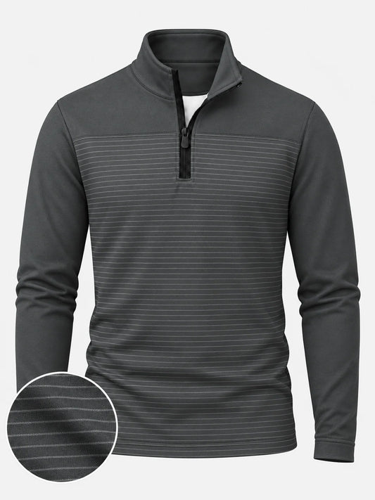 Golf-Pullover in Anthrazit mit feinem Streifenmuster und kurzem Reißverschluss
